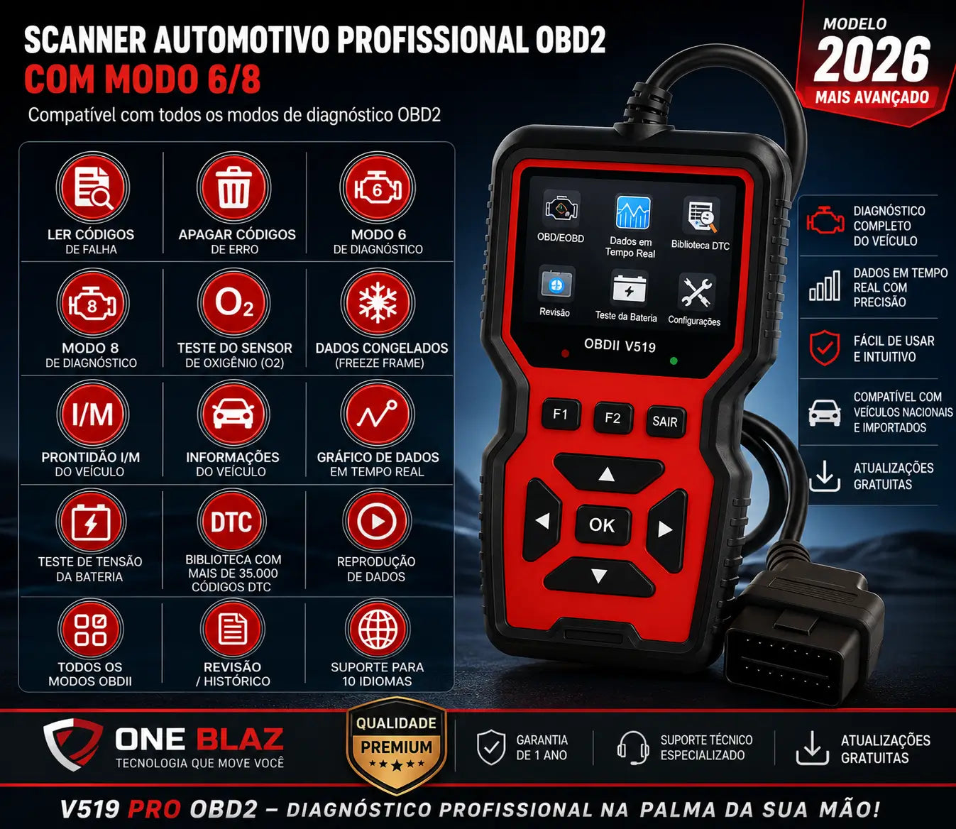 Scanner Automotivo OBD2 V519 Pro – Diagnóstico Profissional e Apagador de Luz da Injeção