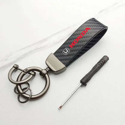 Chaveiro Automotivo Fibra de Carbono e Couro para Honda – Acessório Premium Anti Perda com Argola Metálica