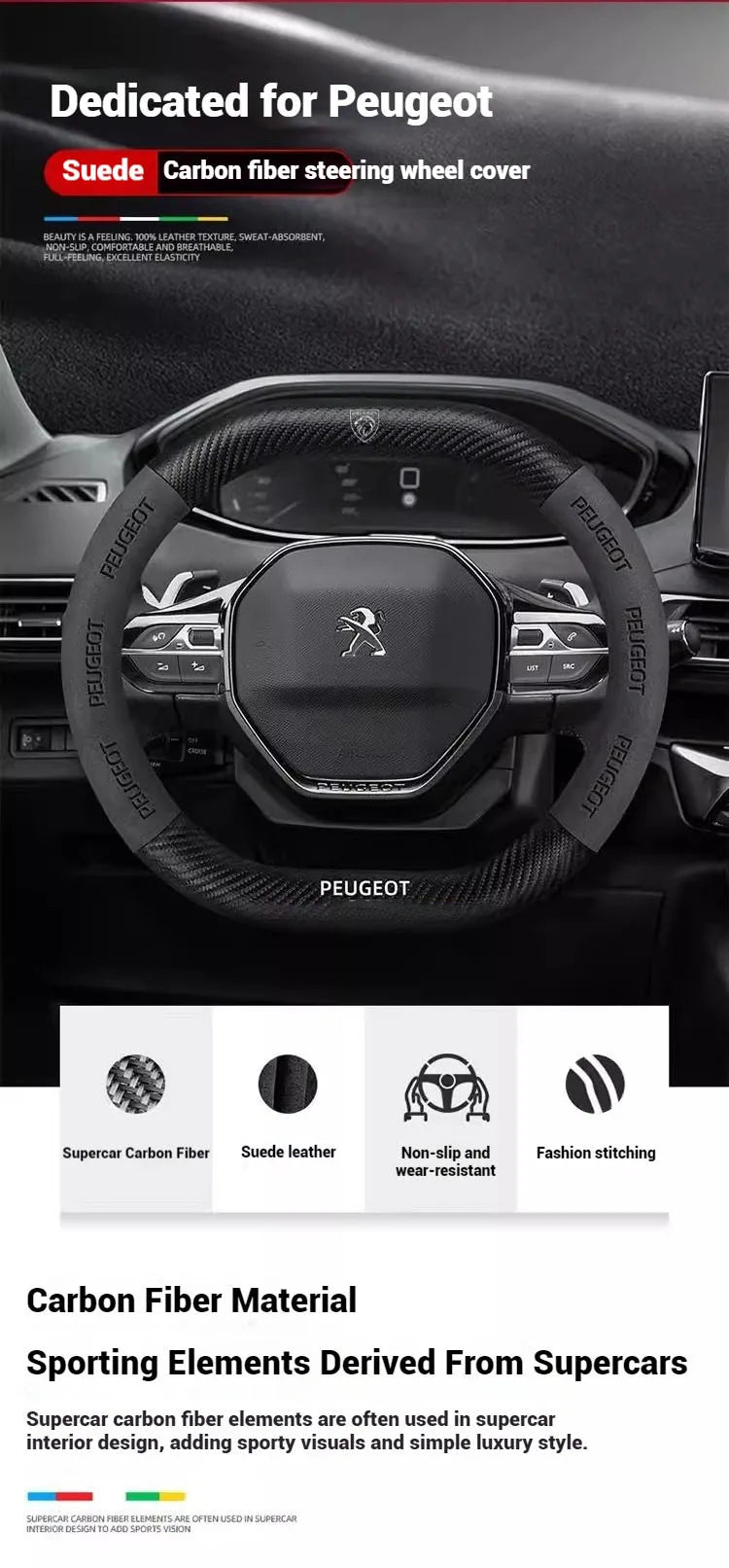 Capa de Volante Camurça + Fibra de Carbono Peugeot – Antiderrapante Esportiva Premium