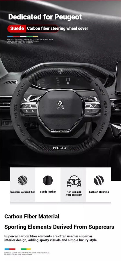 Capa de Volante Camurça + Fibra de Carbono Peugeot – Antiderrapante Esportiva Premium