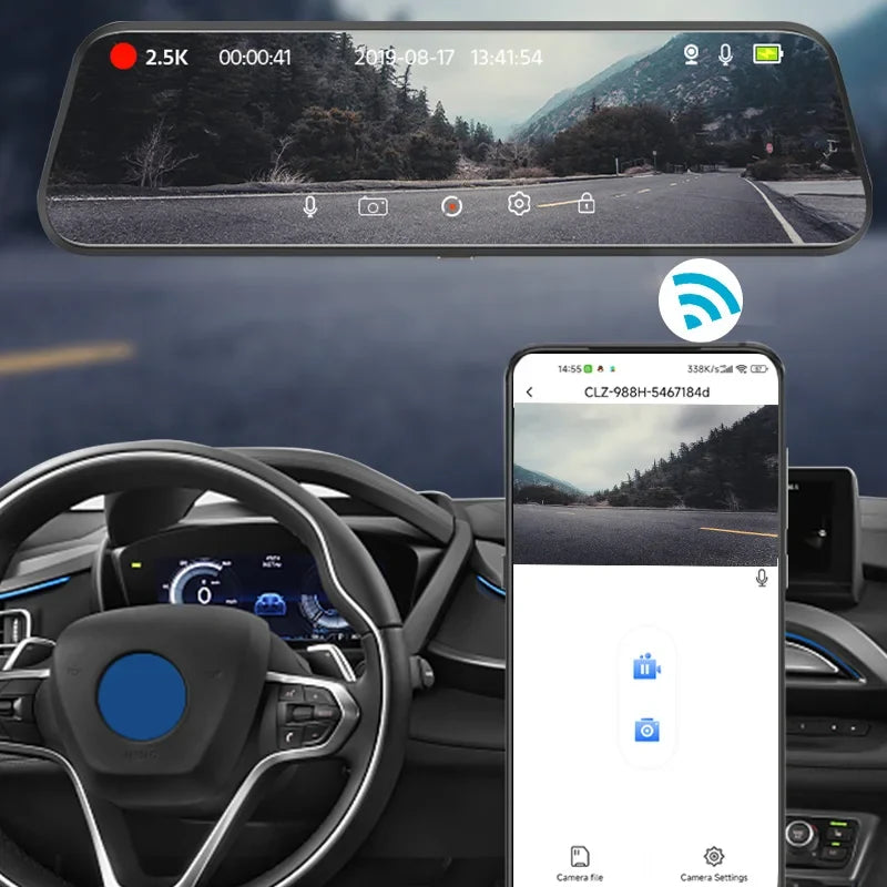 Câmera Veicular 2K DVR com WiFi e GPS Espelho Retrovisor – Dash Cam Automotiva com Visão Noturna e Monitoramento 24h
